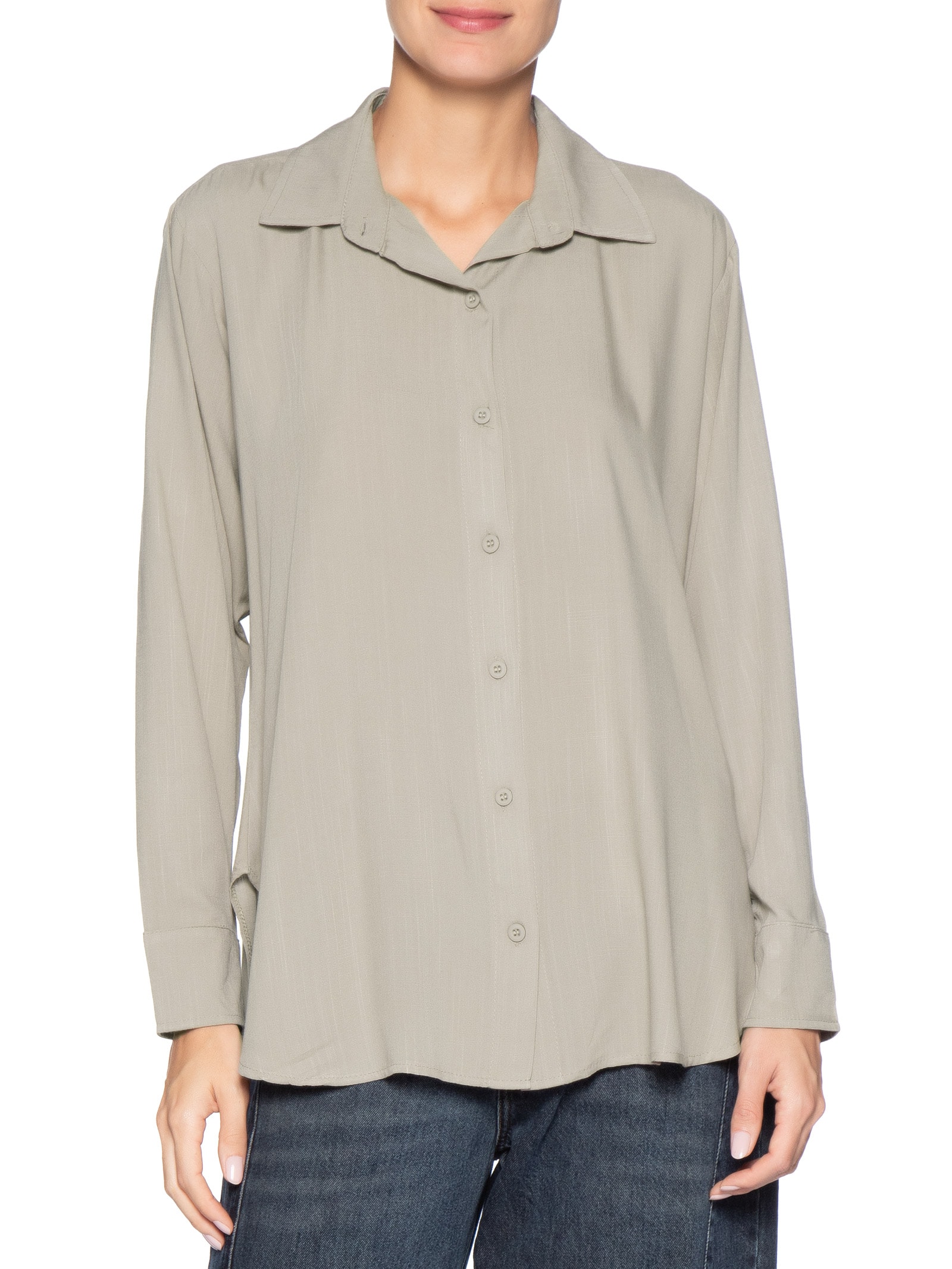 Camisa Feminina Básica Manga Longa Cinza Basiq