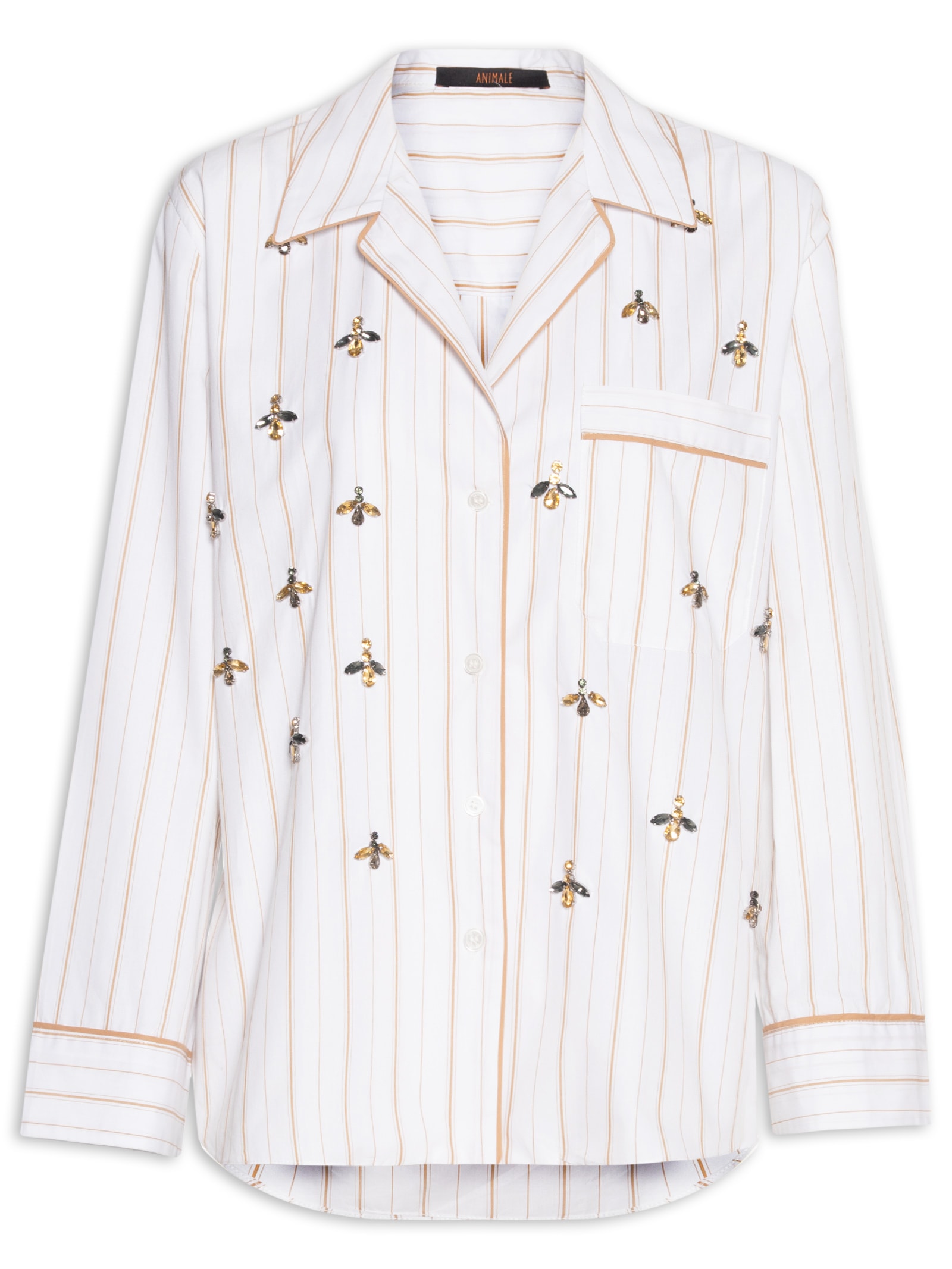 Camisa Feminina Bordada Listra Mostarda Branco Animale