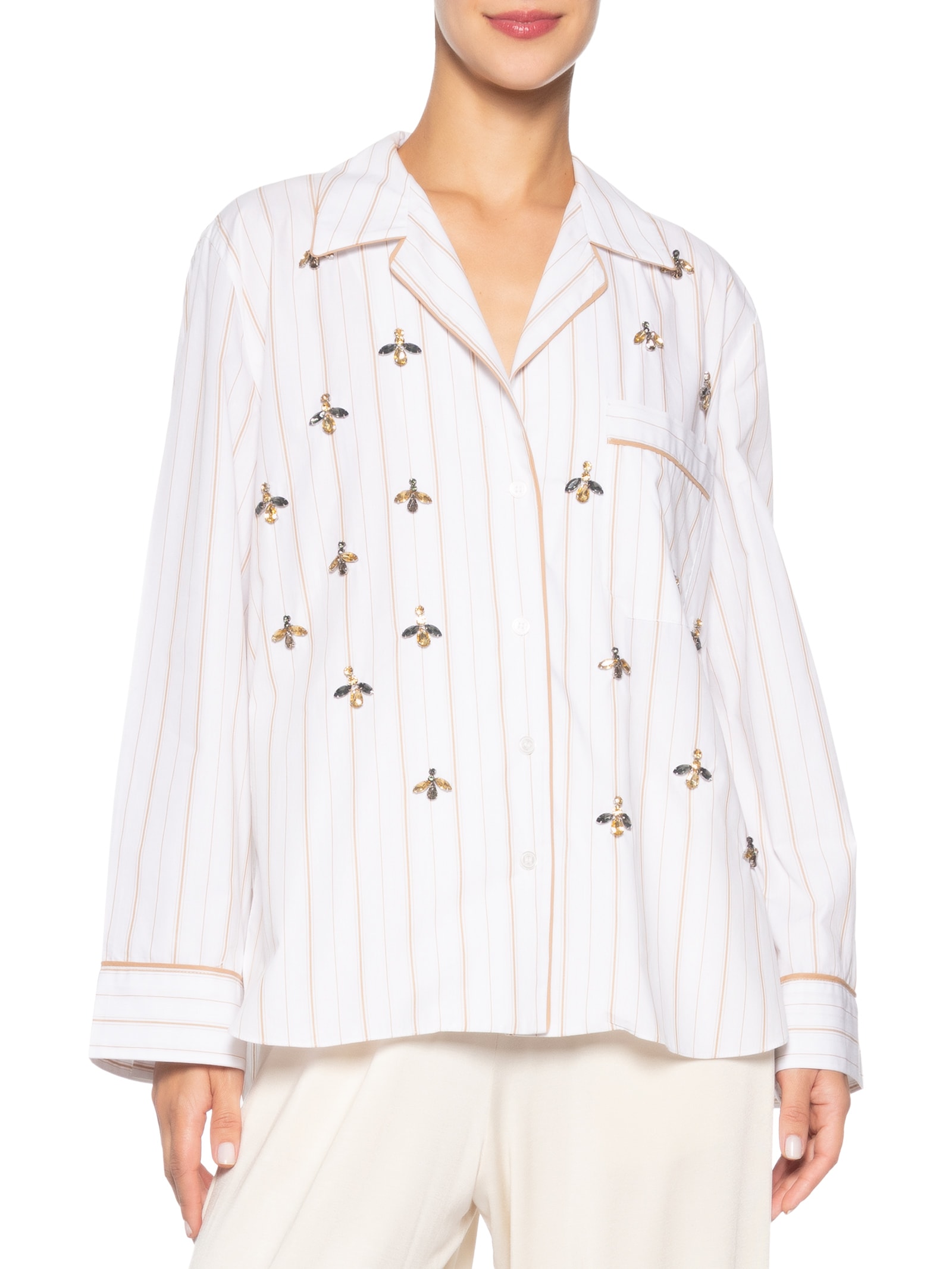 Camisa Feminina Bordada Listra Mostarda Branco Animale