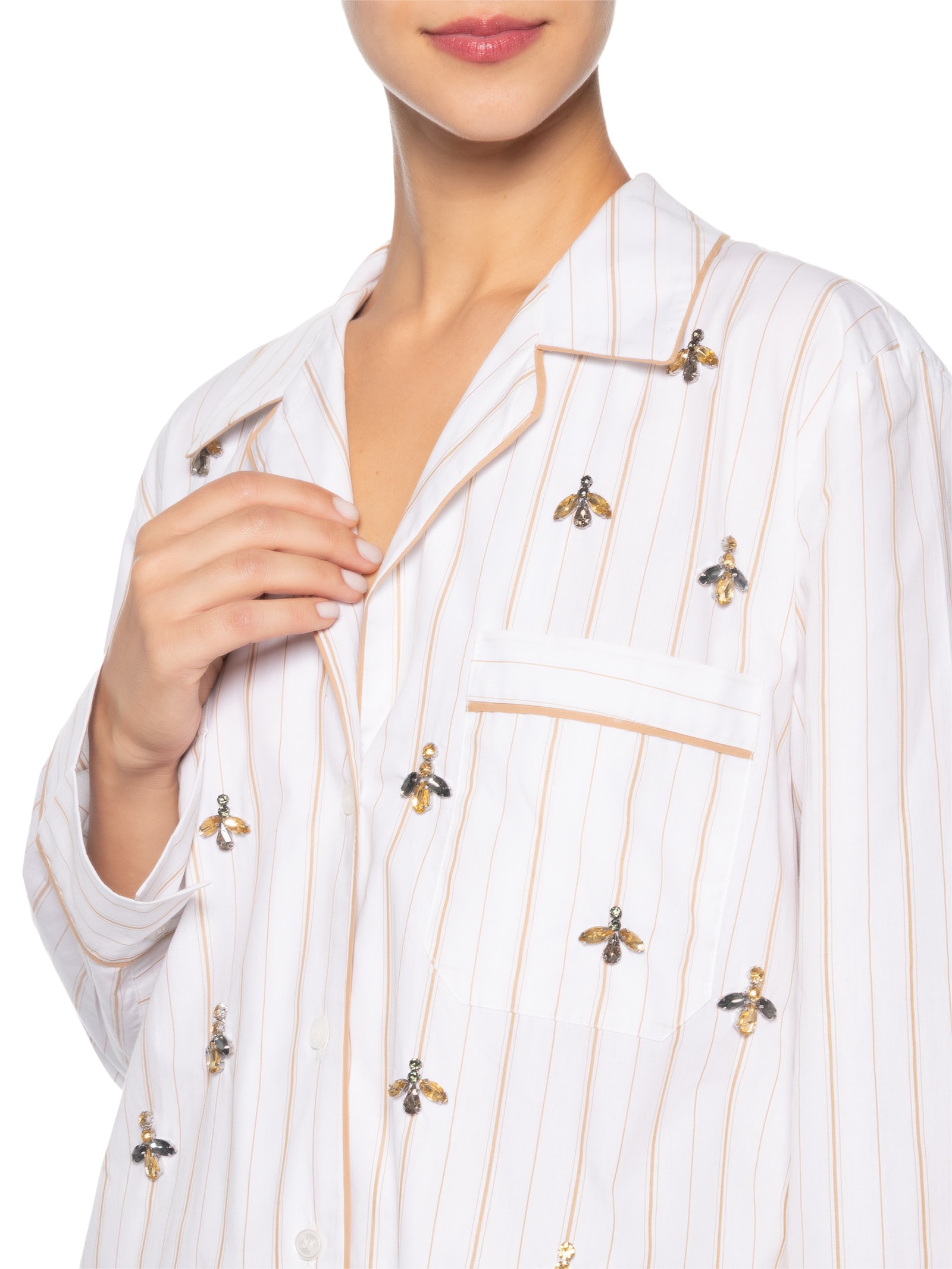 Camisa Feminina Bordada Listra Mostarda Branco Animale
