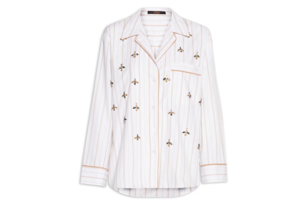 Camisa Feminina Bordada Listra Mostarda – Branco