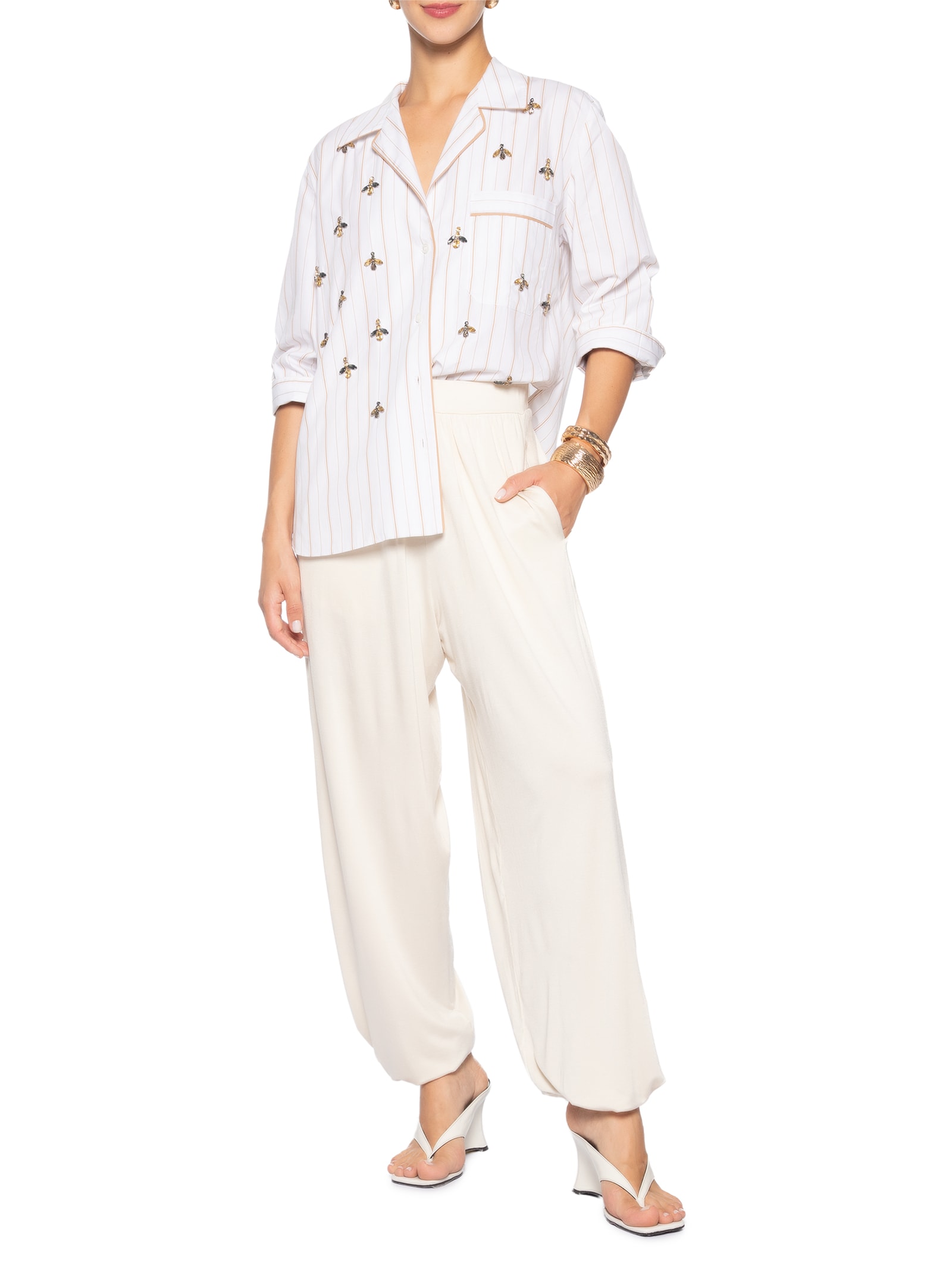 Camisa Feminina Bordada Listra Mostarda – Branco Animale