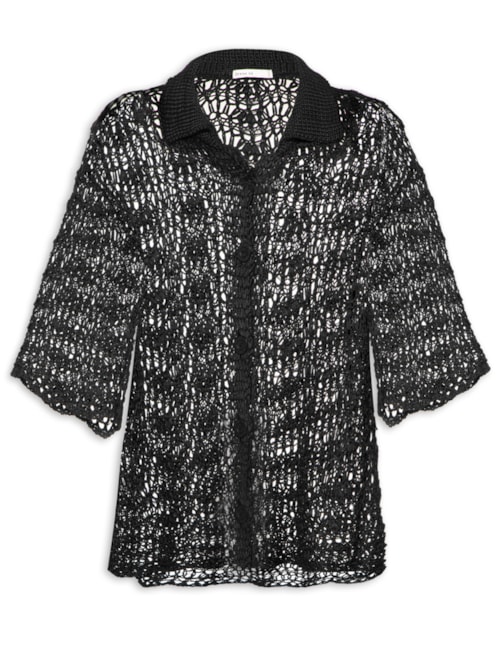 Camisa Feminina Botões Crochet - Preto