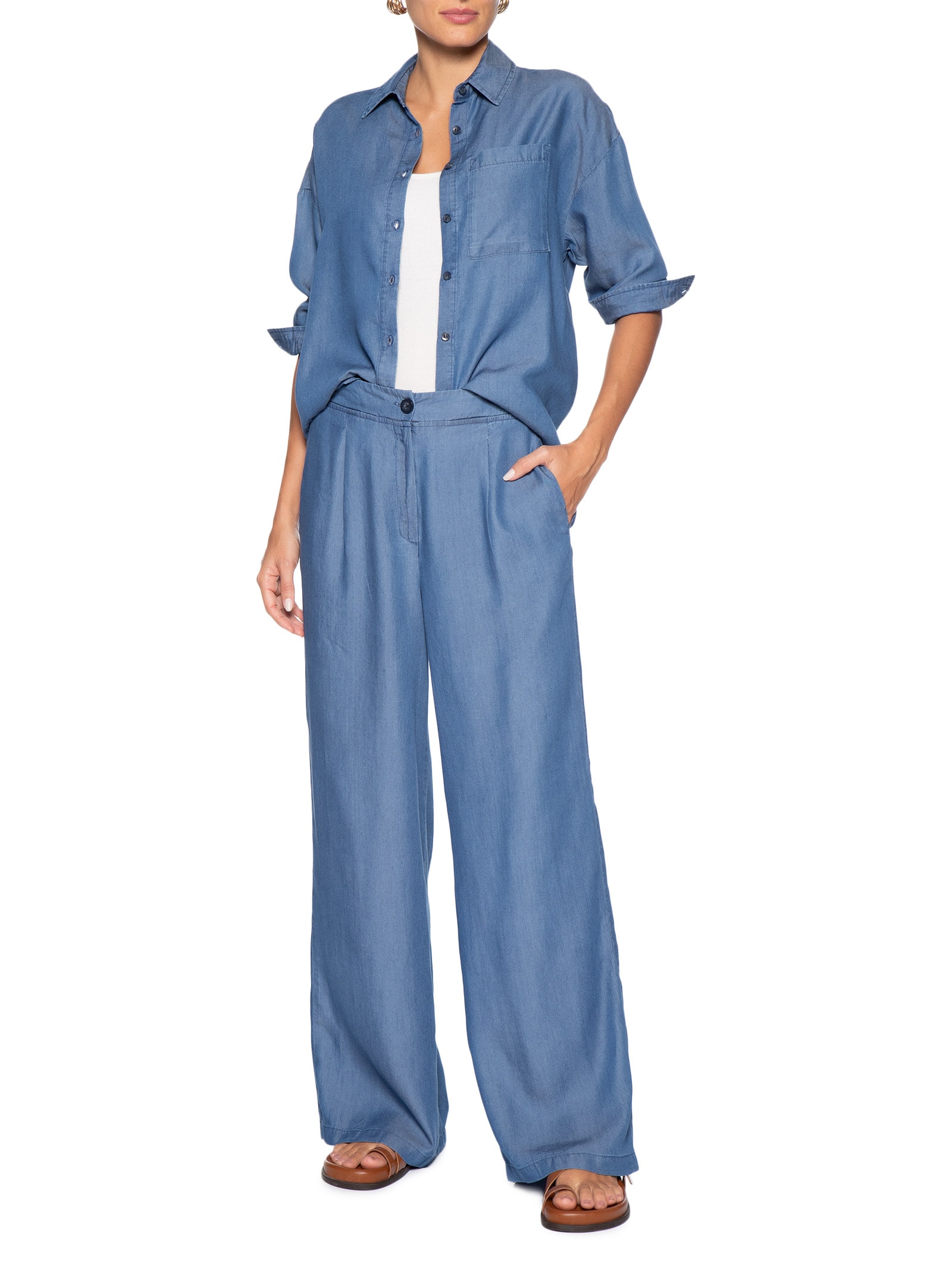 Camisa Feminina Casual Manga Longa Azul Basiq