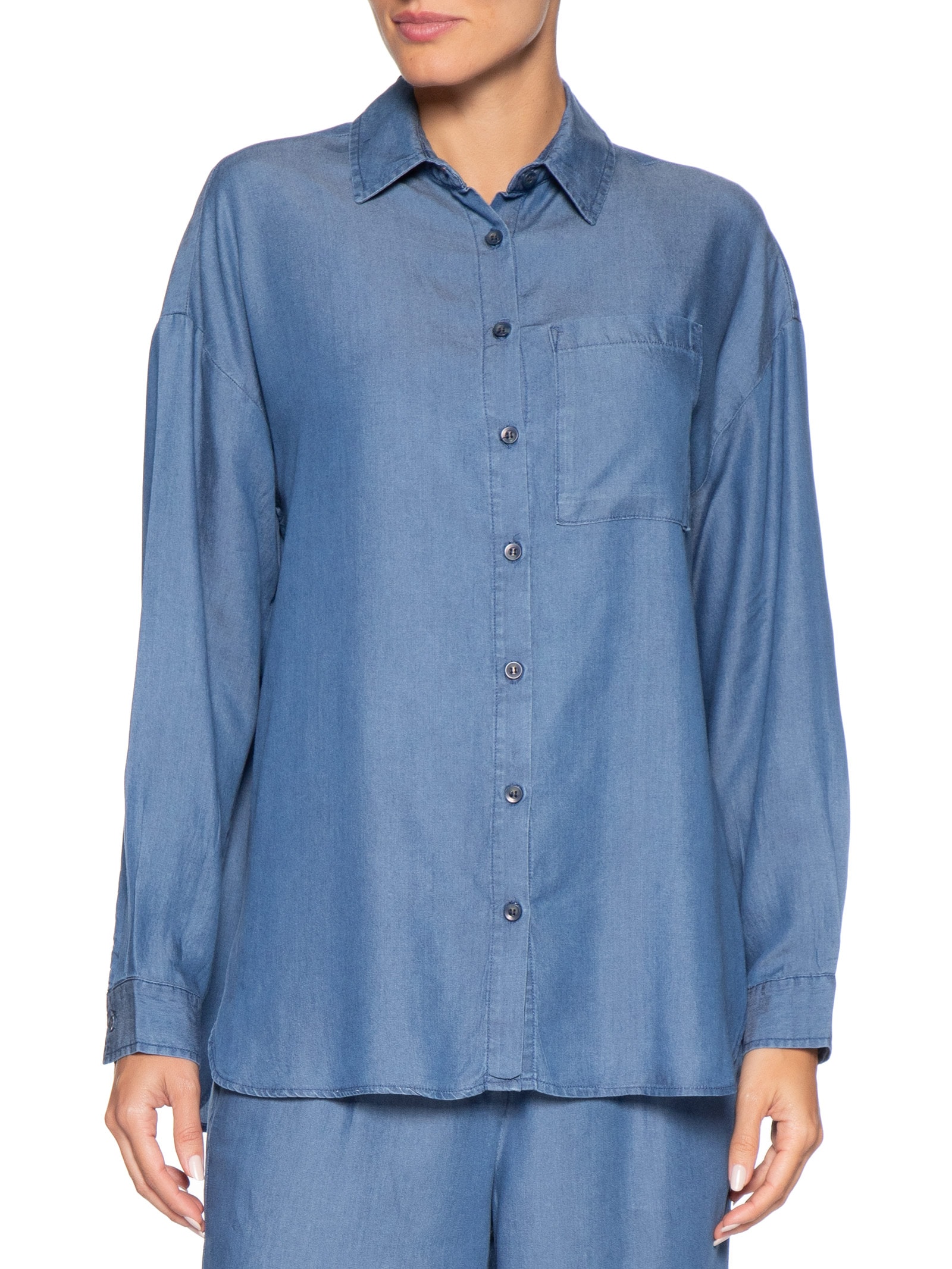 Camisa Feminina Casual Manga Longa Azul Basiq