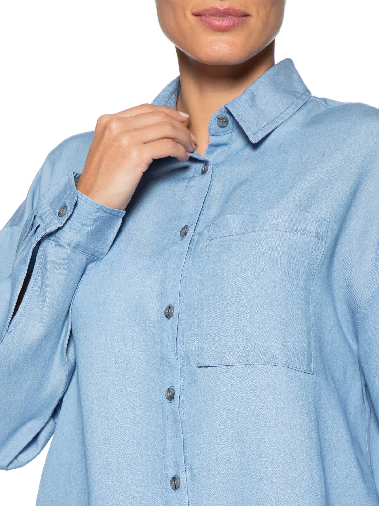 Camisa Feminina Casual Manga Longa Azul Basiq