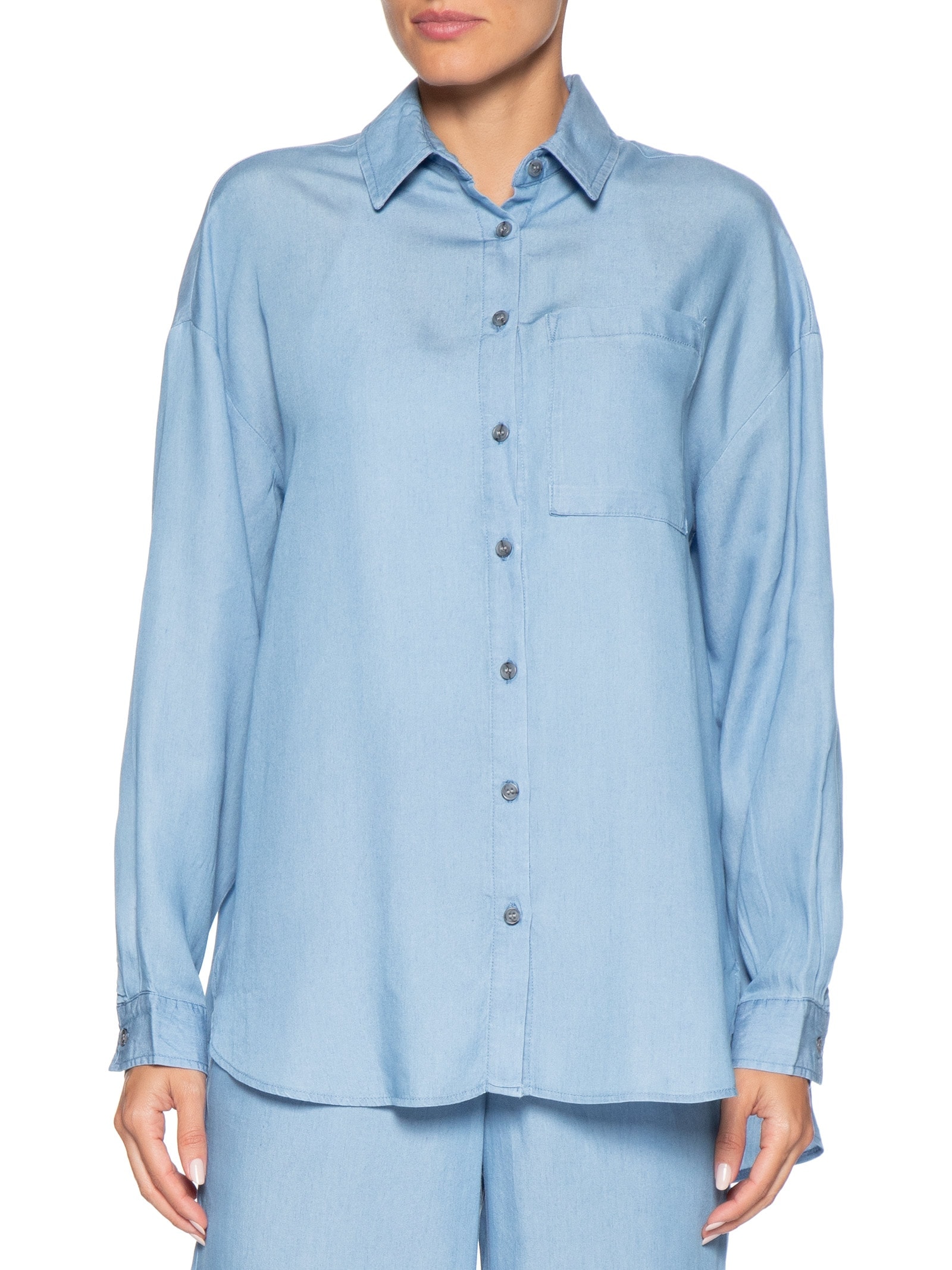 Camisa Feminina Casual Manga Longa Azul Basiq