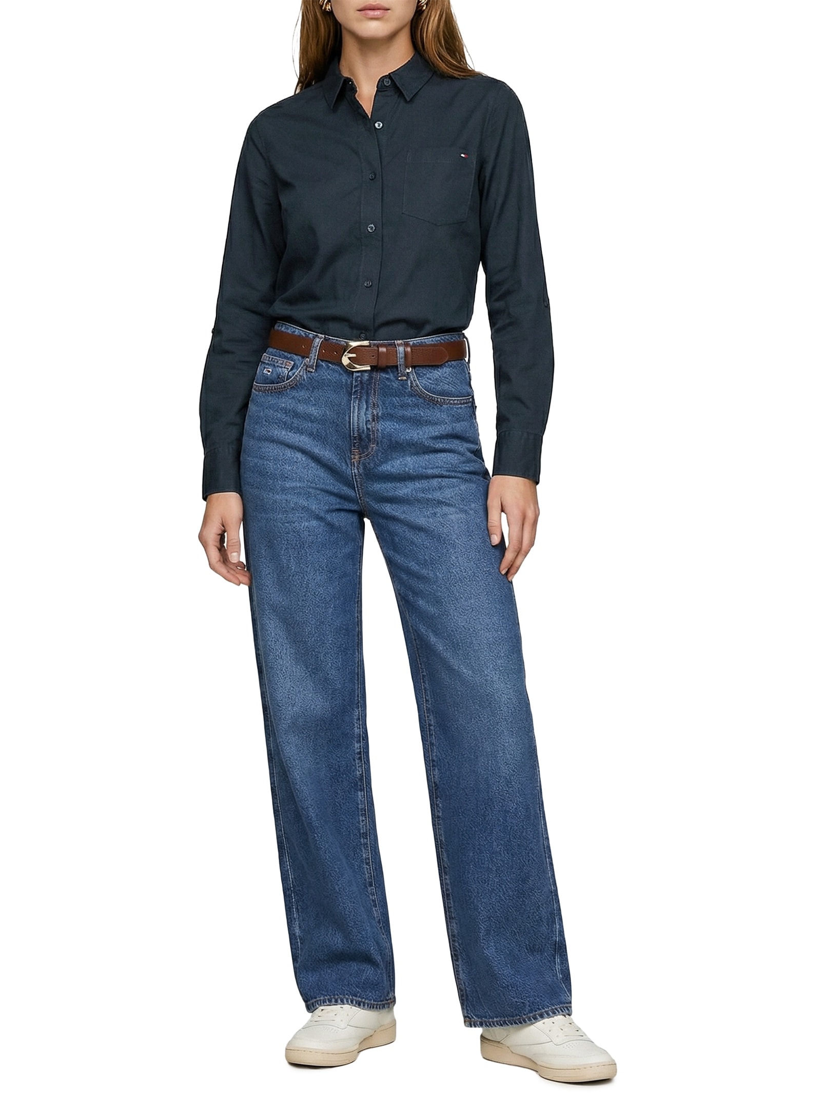 Camisa Feminina Classic Poplin Roll-Tab Azul Tommy Hilfiger