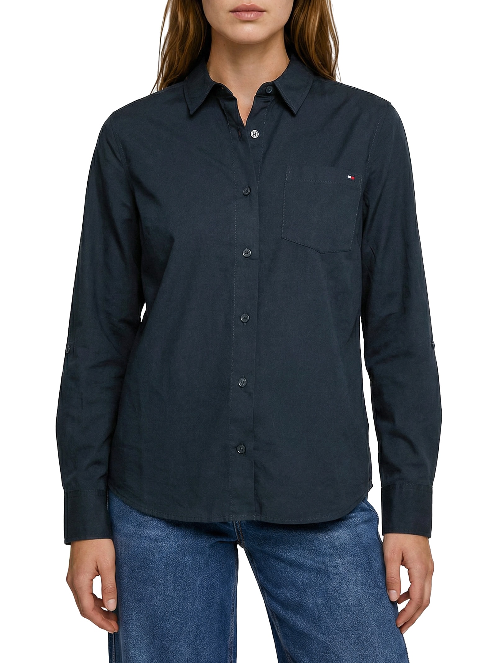 Camisa Feminina Classic Poplin Roll-Tab Azul Tommy Hilfiger