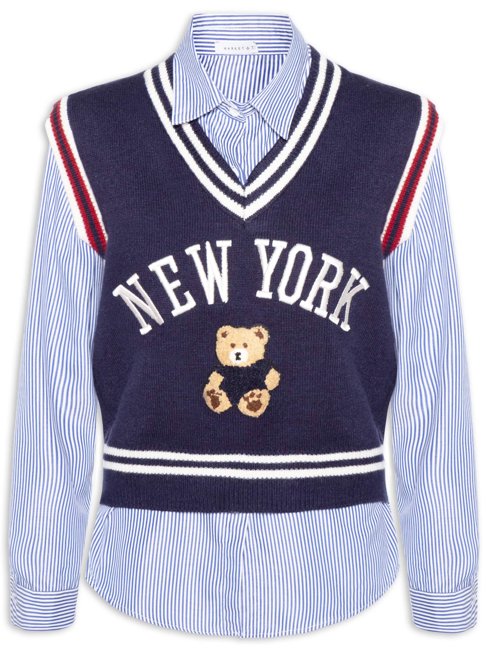 Camisa Feminina Com Colete em Tricot Azul Market 33