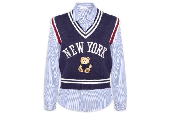 Camisa Feminina Com Colete em Tricot - Azul