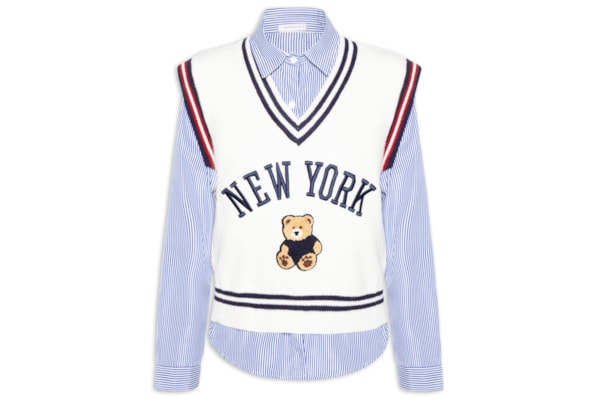 Camisa Feminina com Colete em Tricot – Azul
