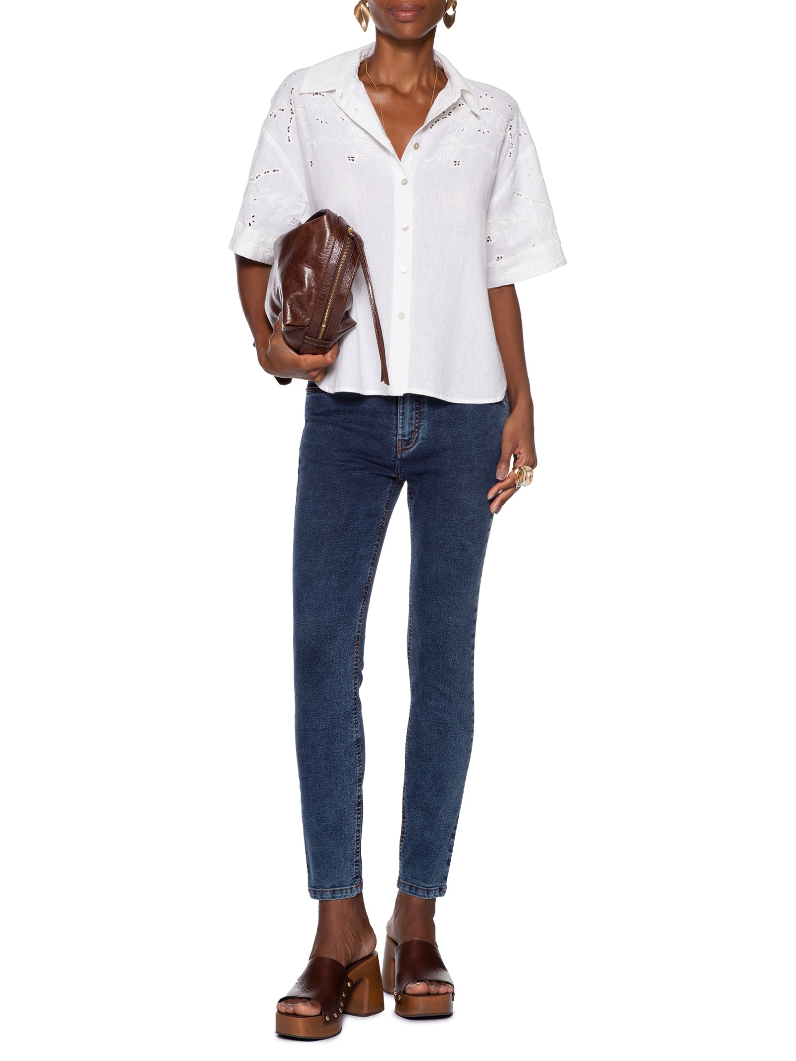 Camisa Feminina Com Linho Manga Curta Bordada Branco Animale