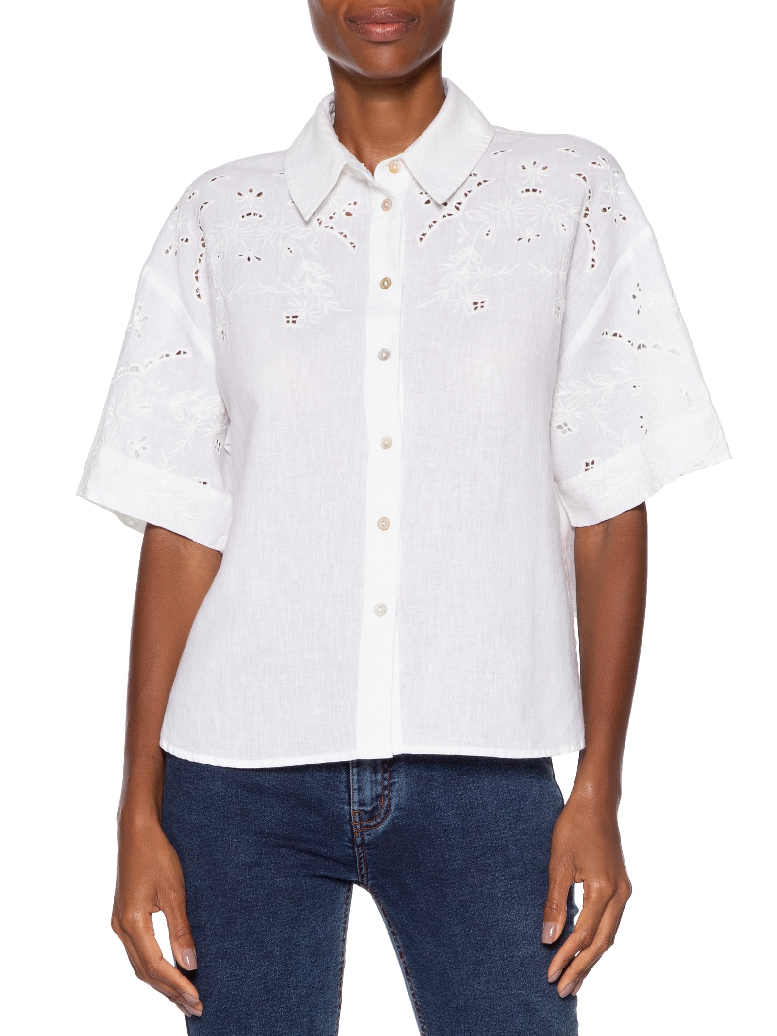 Camisa Feminina Com Linho Manga Curta Bordada Branco Animale