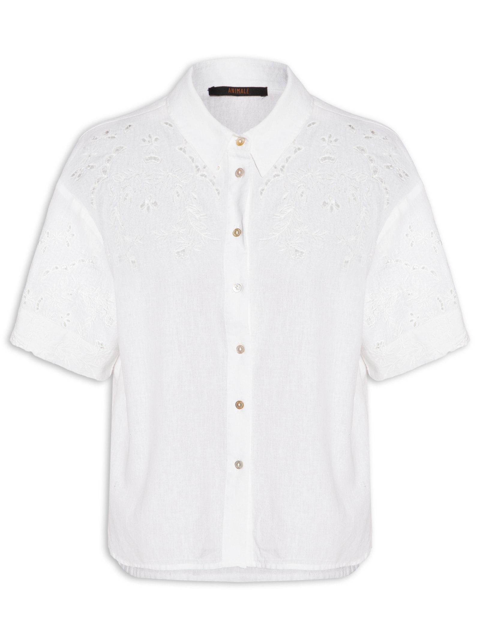 Camisa Feminina Com Linho Manga Curta Bordada Branco Animale