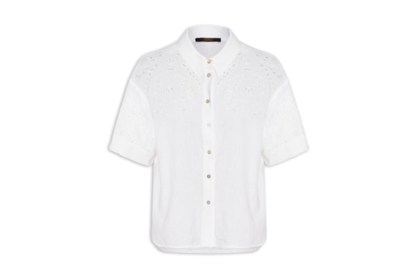 Camisa Feminina Com Linho Manga Curta Bordada - Branco