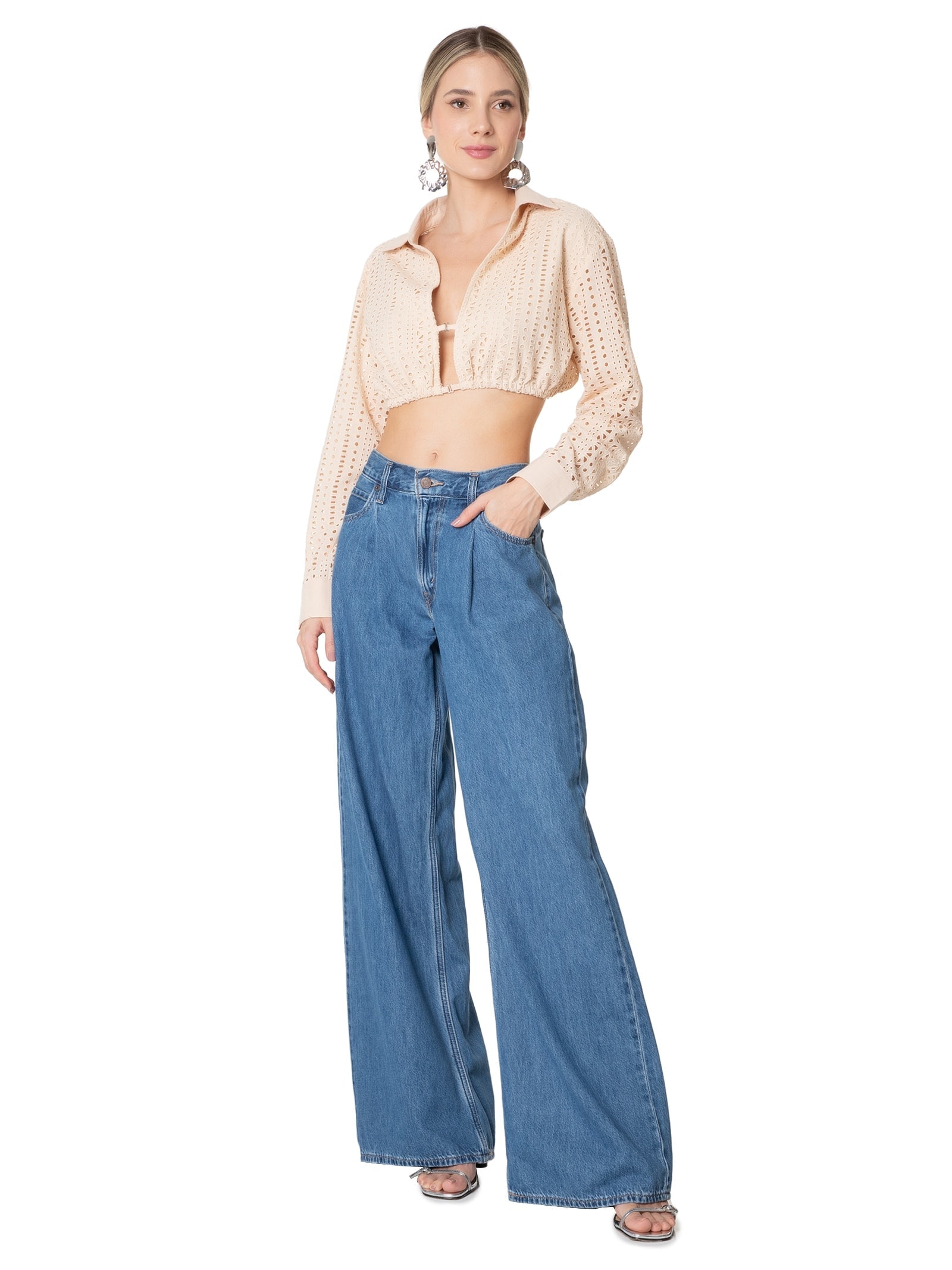 Camisa Feminina Cropped Em Laise Bege Market 33
