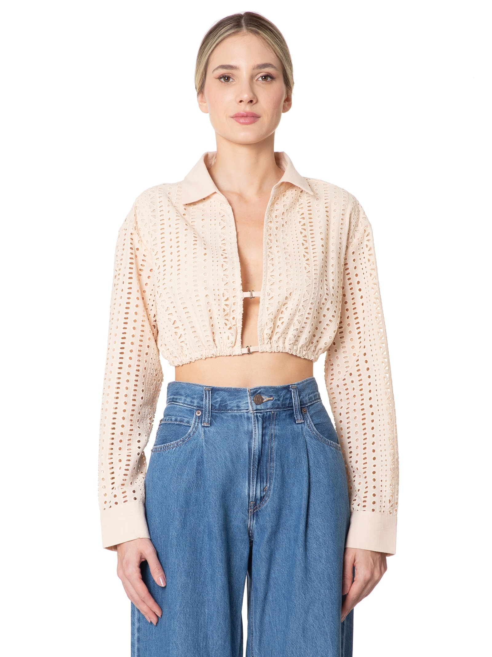 Camisa Feminina Cropped Em Laise Bege Market 33