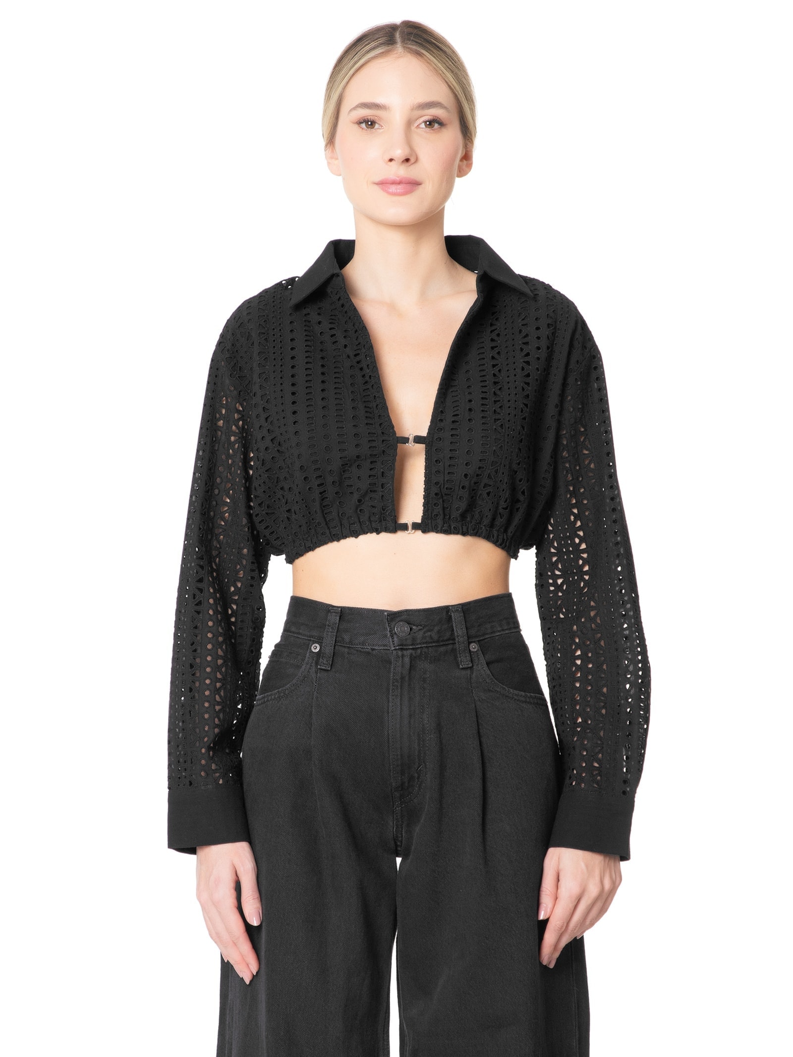 Camisa Feminina Cropped Em Laise Preto Market 33