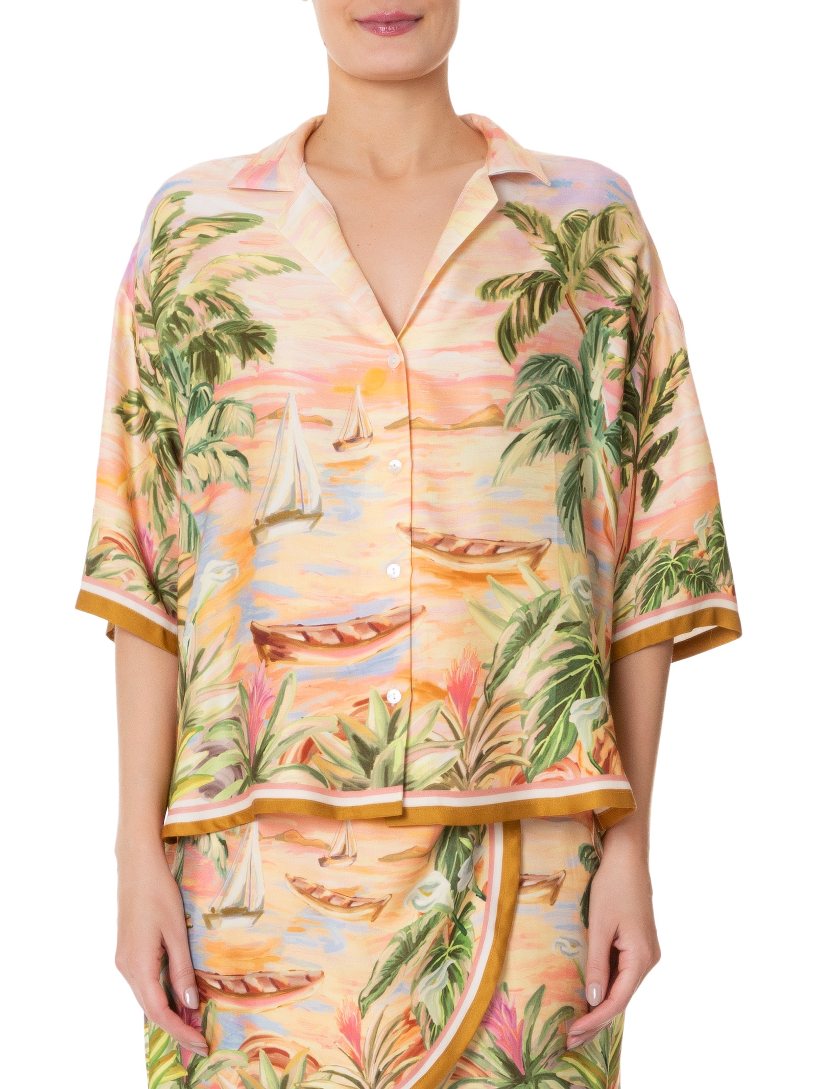 Camisa Feminina Cropped Pintura Tropical Laranja Farm