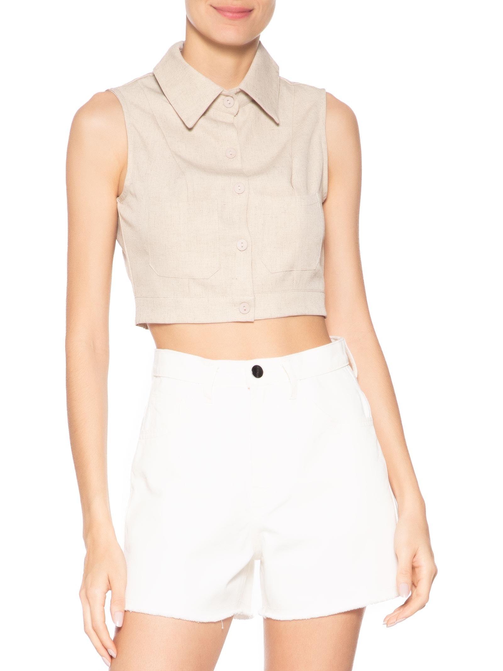 Camisa Feminina Cropped Sem Manga Bege Basiq