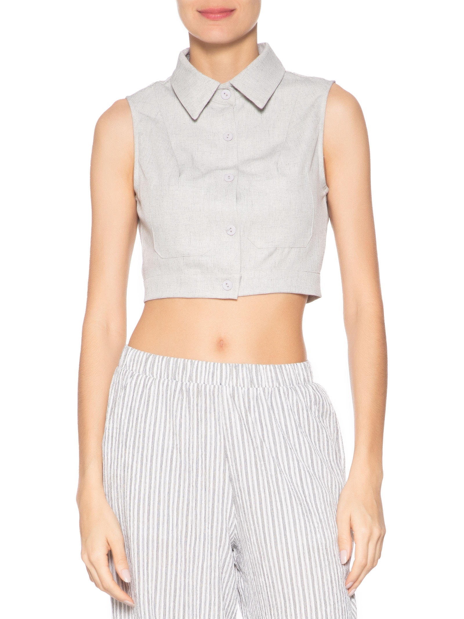 Camisa Feminina Cropped Sem Manga Cinza Basiq