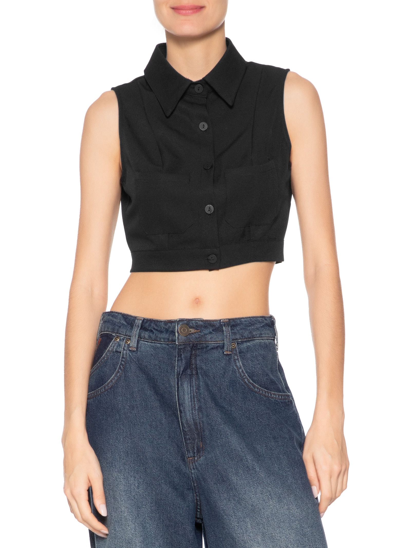 Camisa Feminina Cropped Sem Manga Preto Basiq