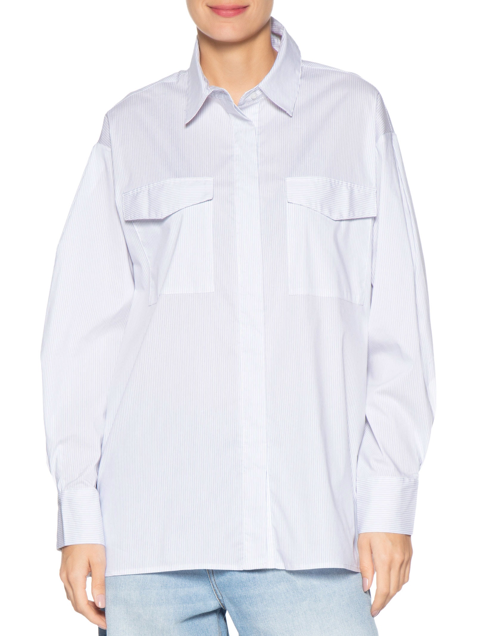 Camisa Feminina De Algodão Listrada Com Bolsos Azul Animale Jeans