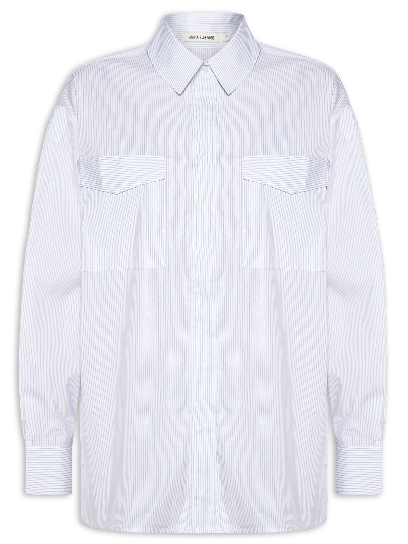 Camisa Feminina De Algodão Listrada Com Bolsos Azul Animale Jeans