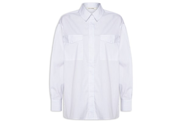 Camisa Feminina De Algodão Listrada Com Bolsos - Azul