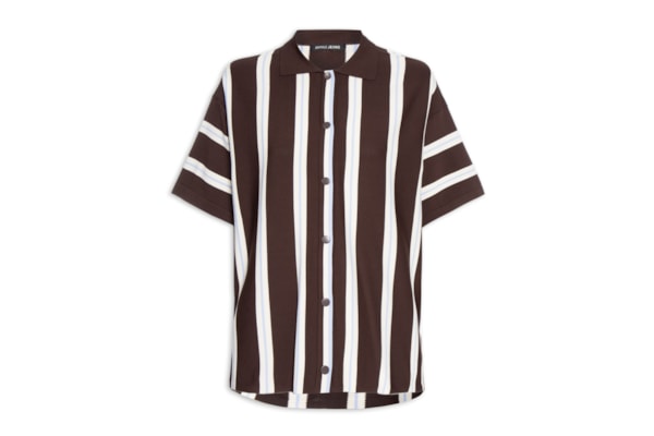 Camisa Feminina De Botão De Tricot Listrada - Marrom