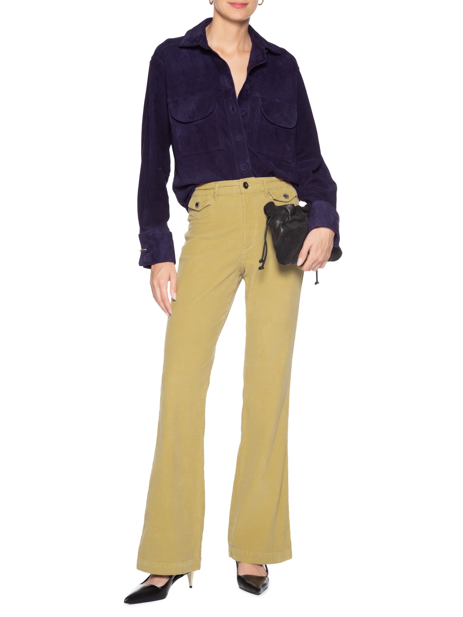 Camisa Feminina De Chamois Punho Dobrado Azul Animale