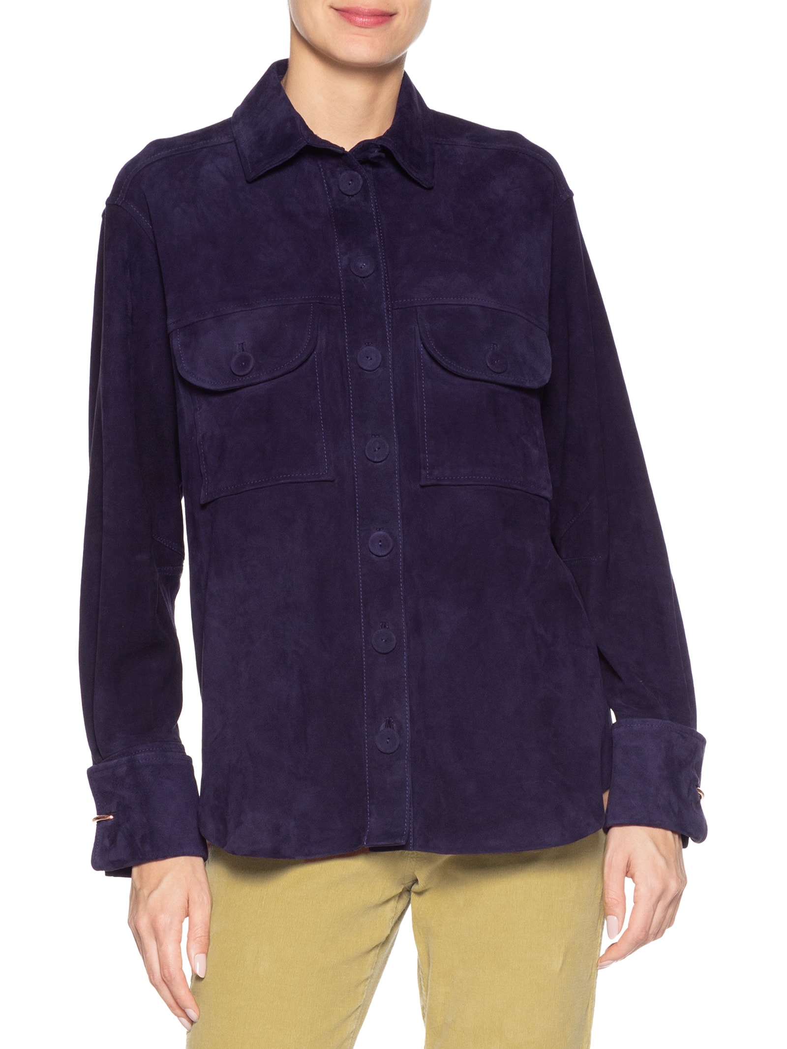 Camisa Feminina De Chamois Punho Dobrado Azul Animale