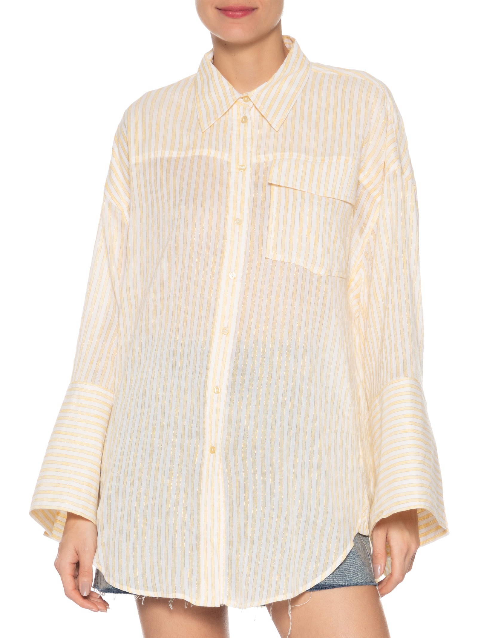 Camisa Feminina De Gaze Listrada Com Bolso Amarelo Animale Jeans