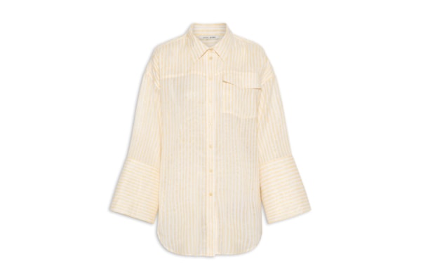 Camisa Feminina De Gaze Listrada Com Bolso - Amarelo