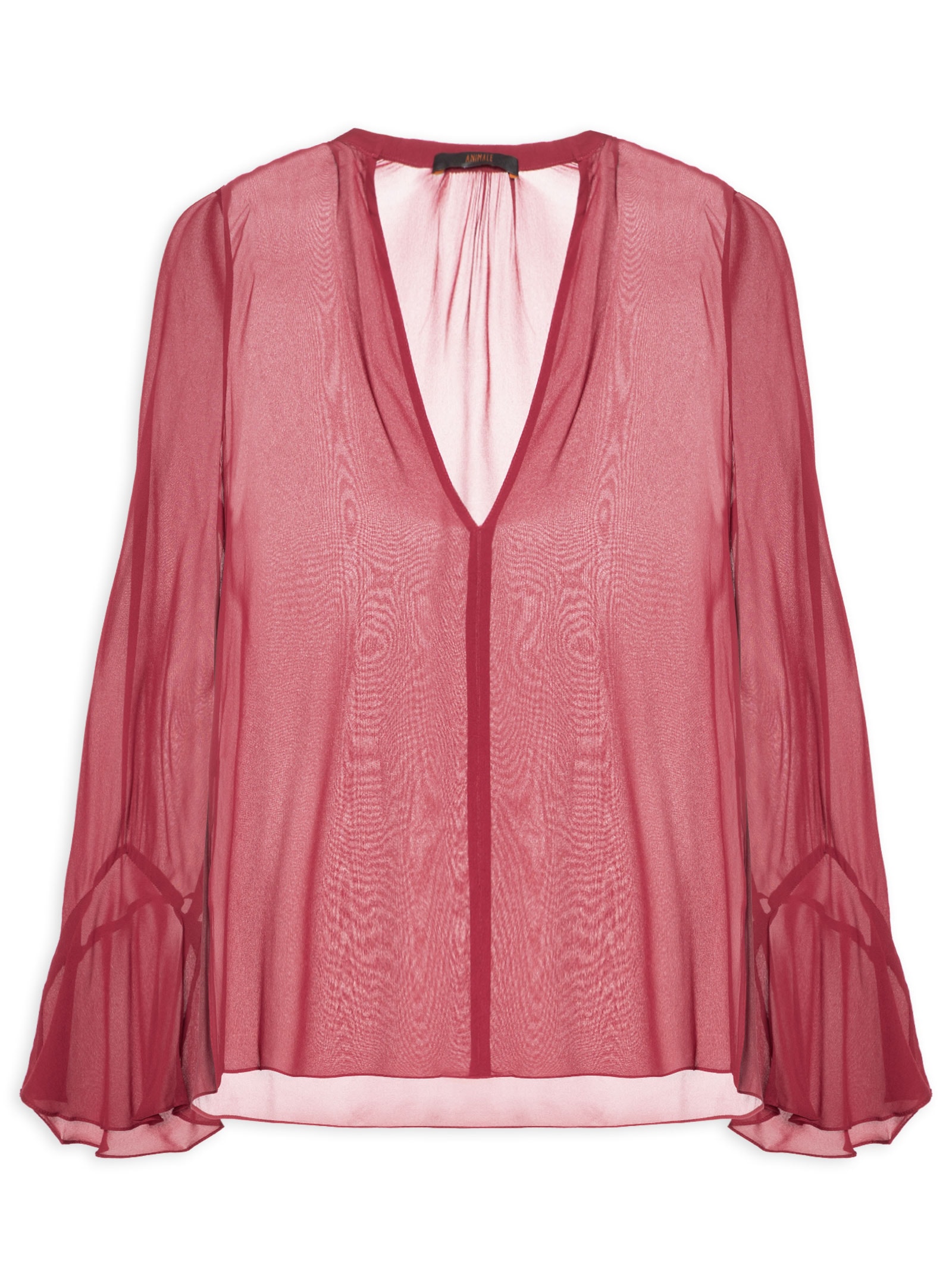 Camisa Feminina De Georgette Manga Longa Nesga Vermelho Animale