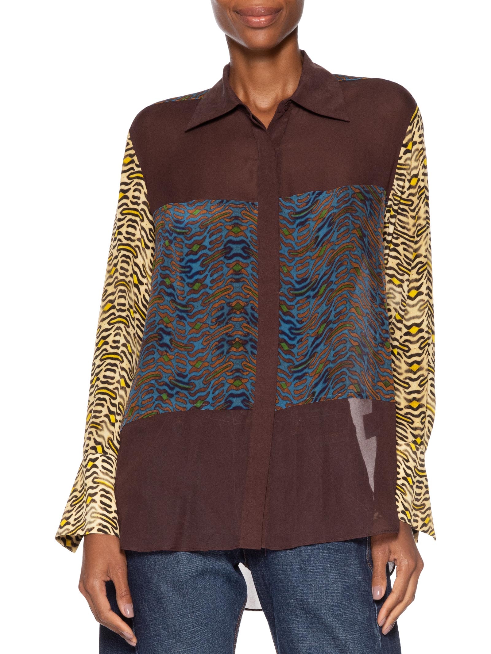 Camisa Feminina De Seda e Georgete Estampada Manga Longa Animal Print Animale