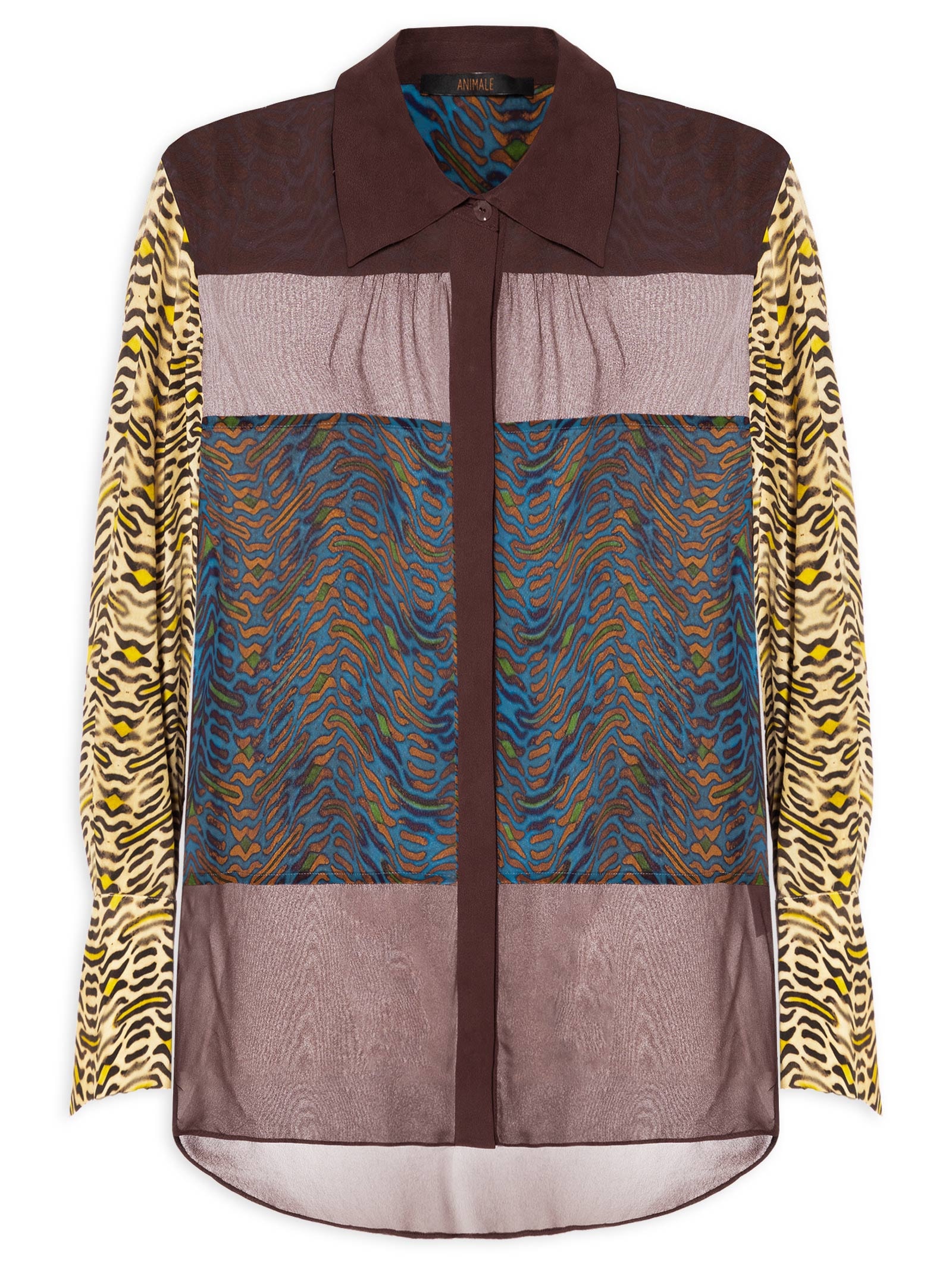 Camisa Feminina De Seda e Georgete Estampada Manga Longa Animal Print Animale