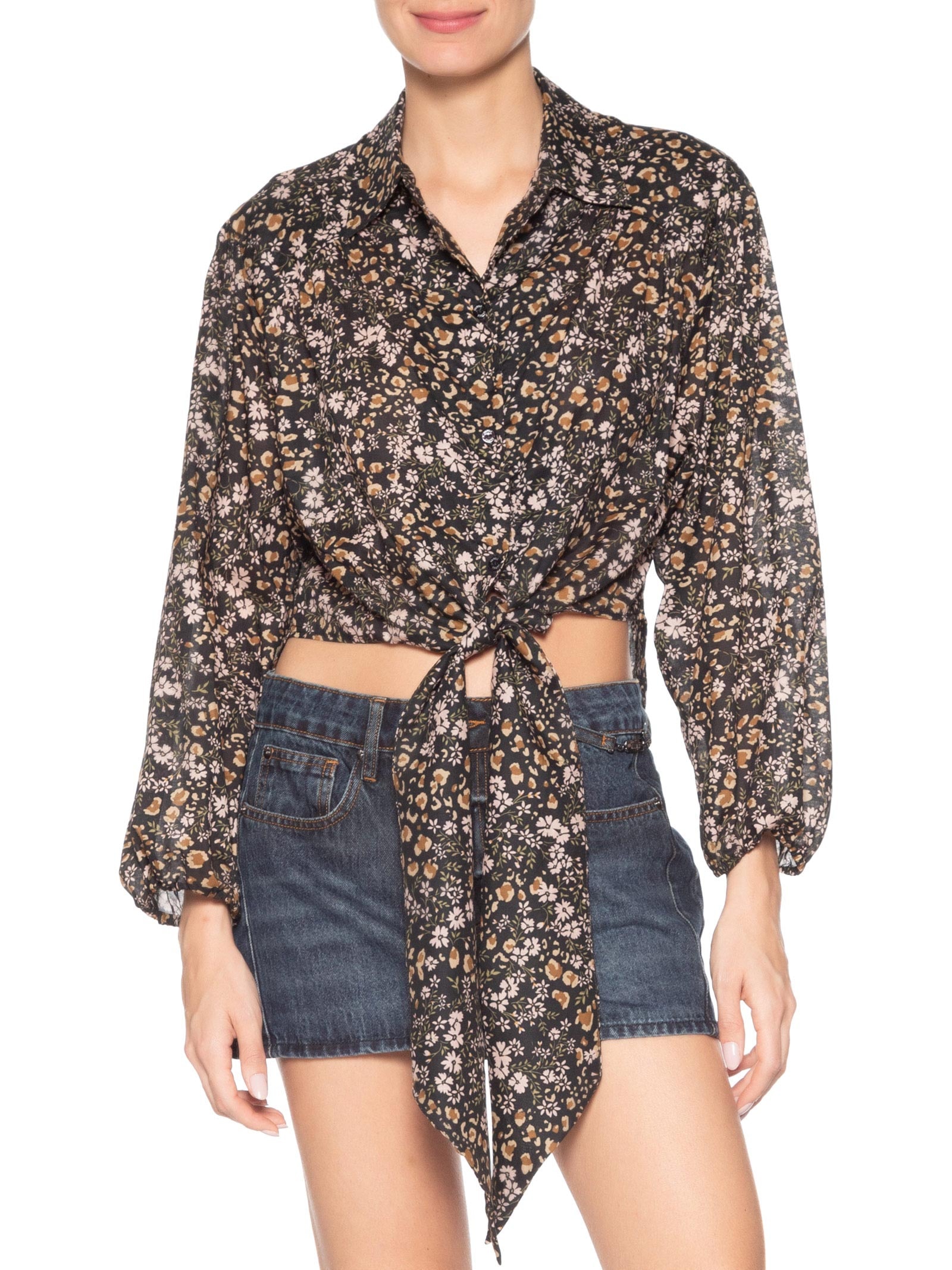 Camisa Feminina De Voil De Algodão Amarração Estampada Preto Animale