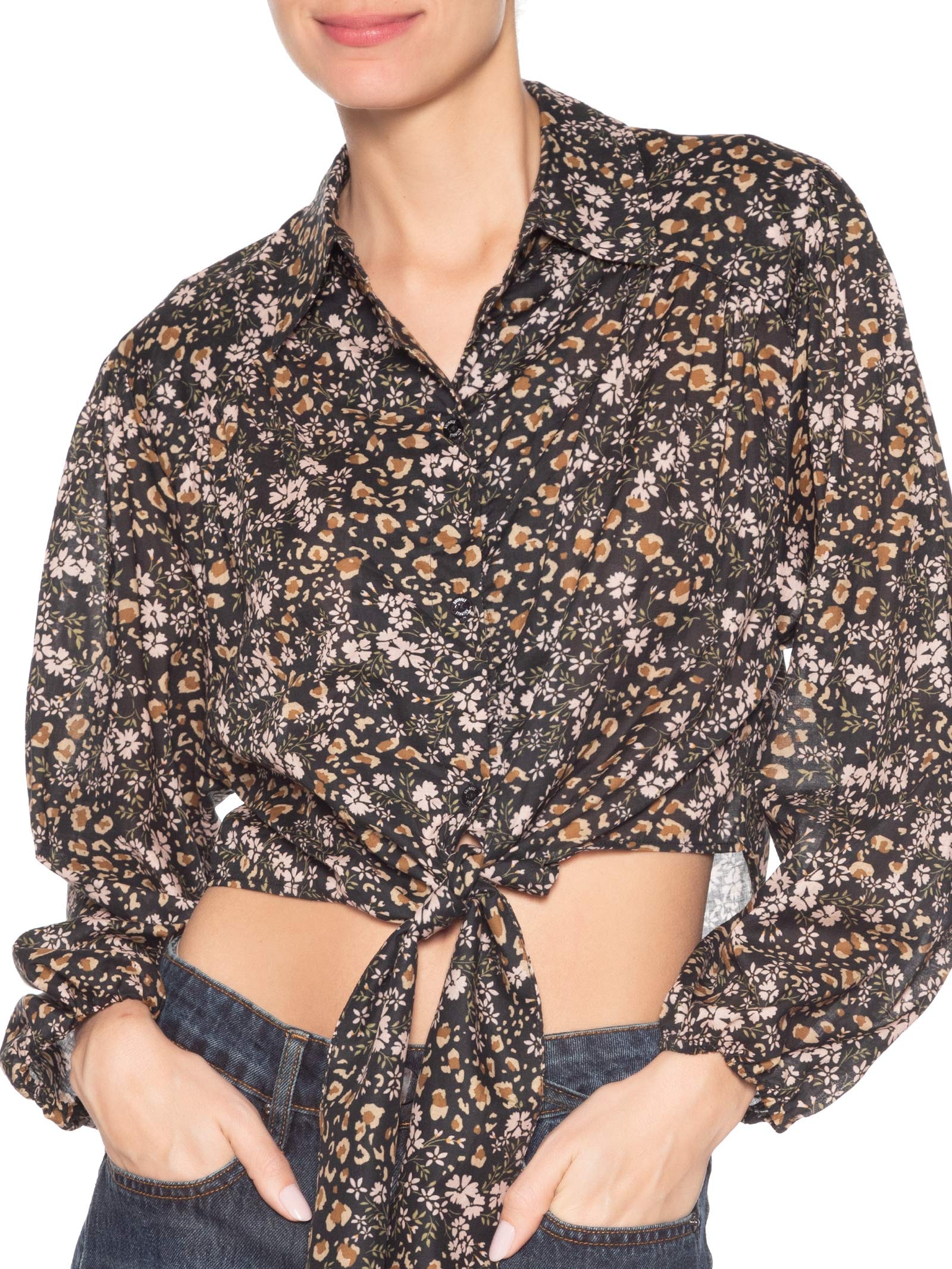 Camisa Feminina De Voil De Algodão Amarração Estampada Preto Animale