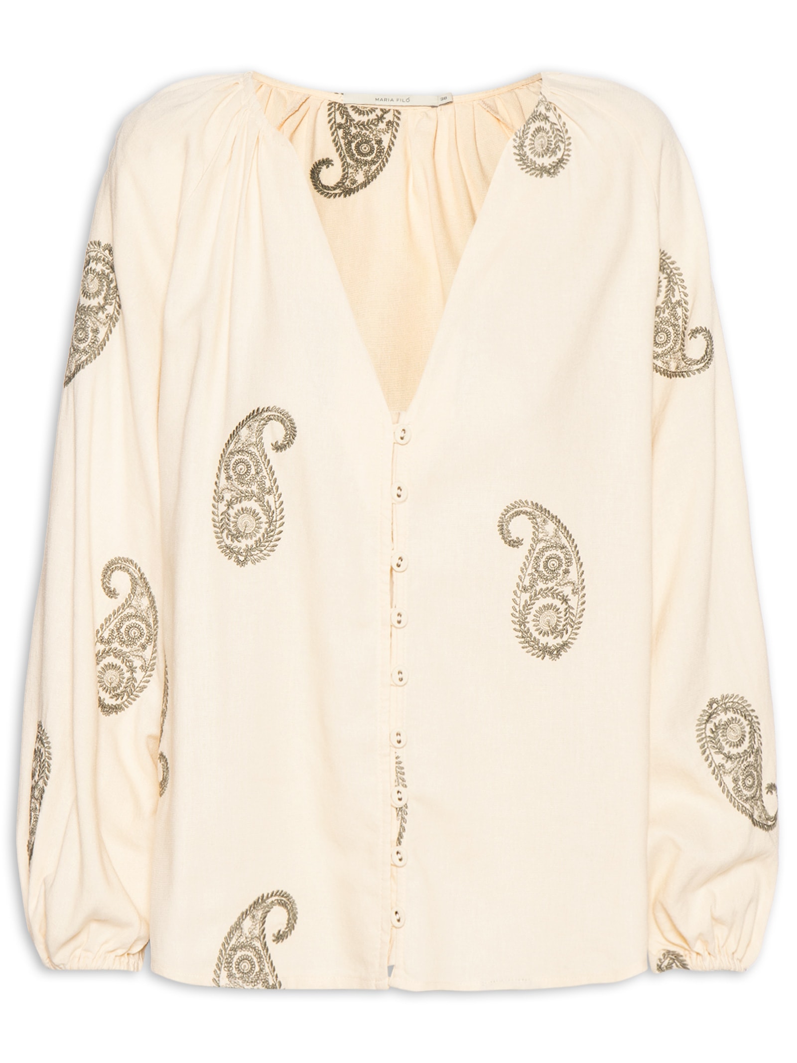 Camisa Feminina Decote V Bordado Alba Off White Maria Filó
