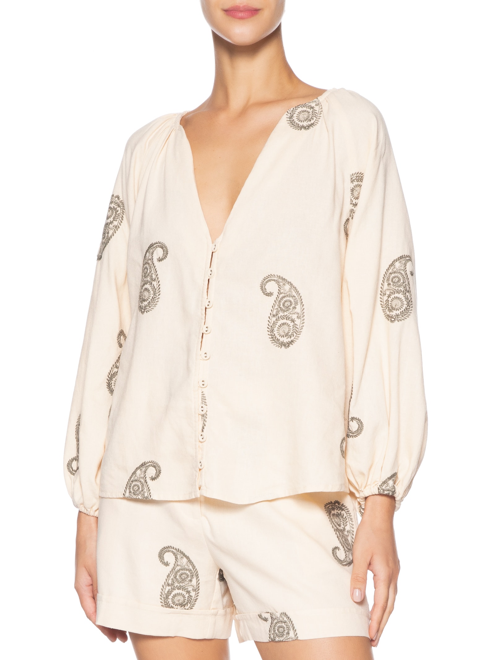 Camisa Feminina Decote V Bordado Alba Off White Maria Filó
