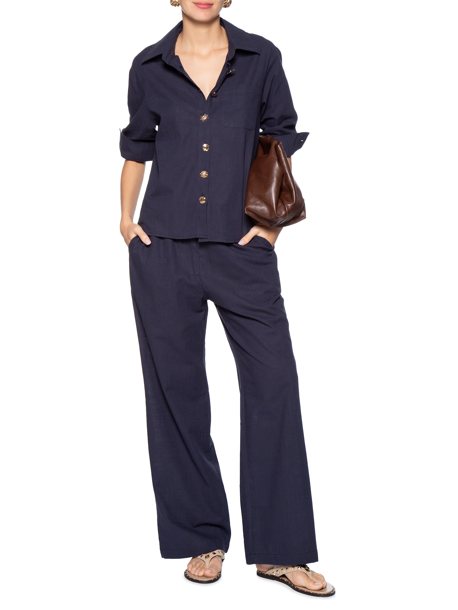 Camisa Feminina Detalhe Botões Azul Basiq