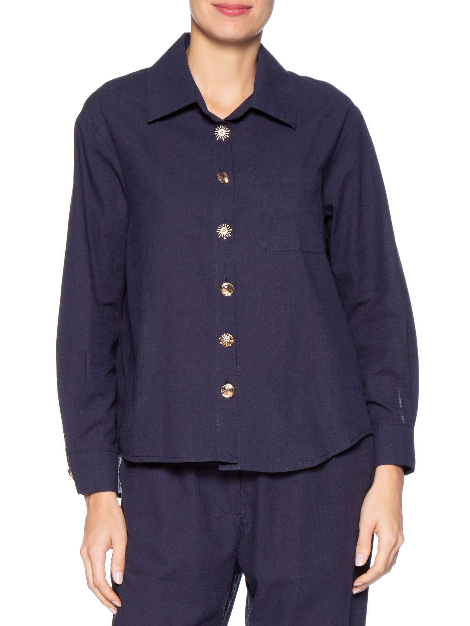 Camisa Feminina Detalhe Botões Azul Basiq