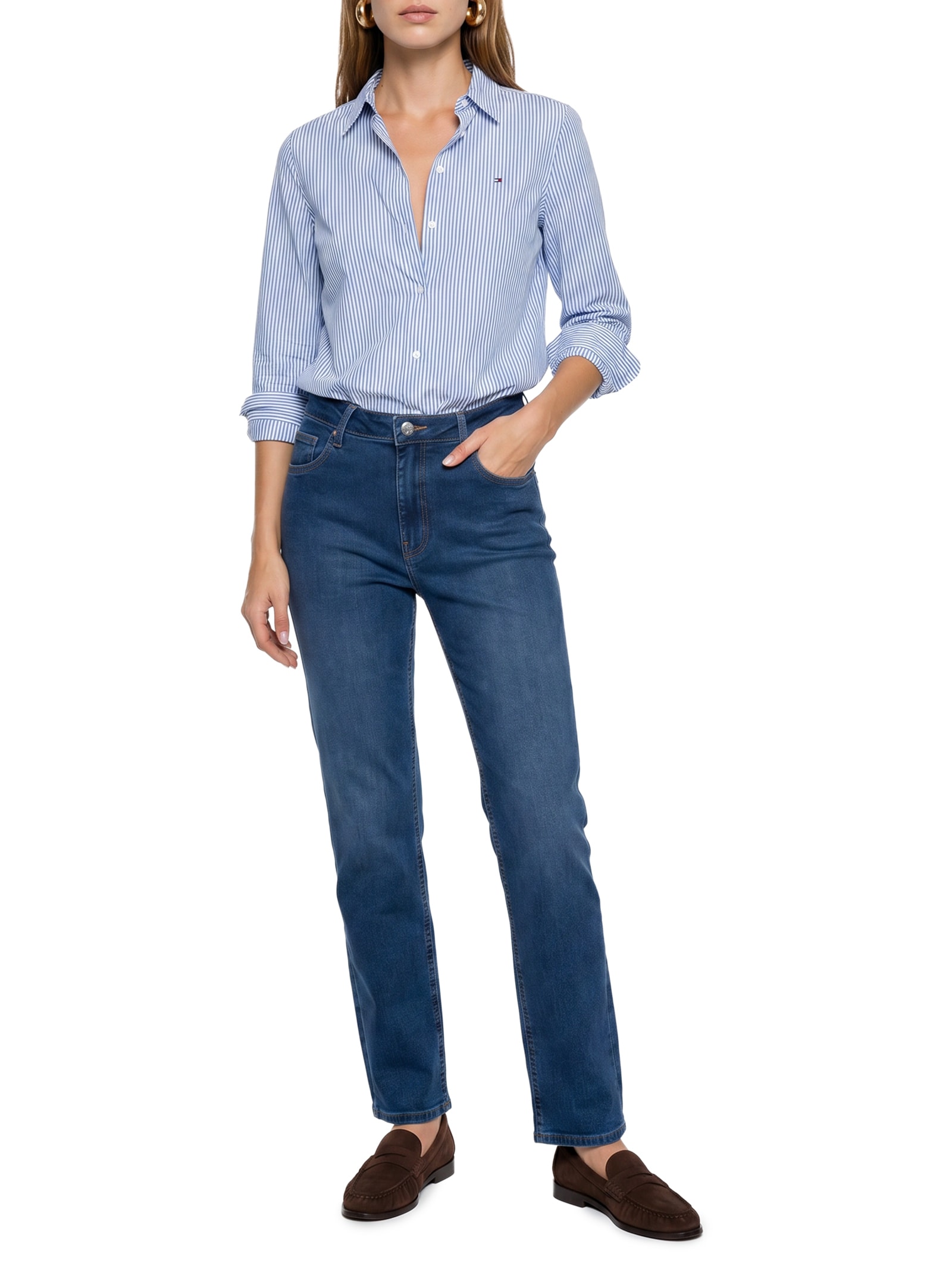 Camisa Feminina Ess Poplin Regular Azul Tommy Hilfiger