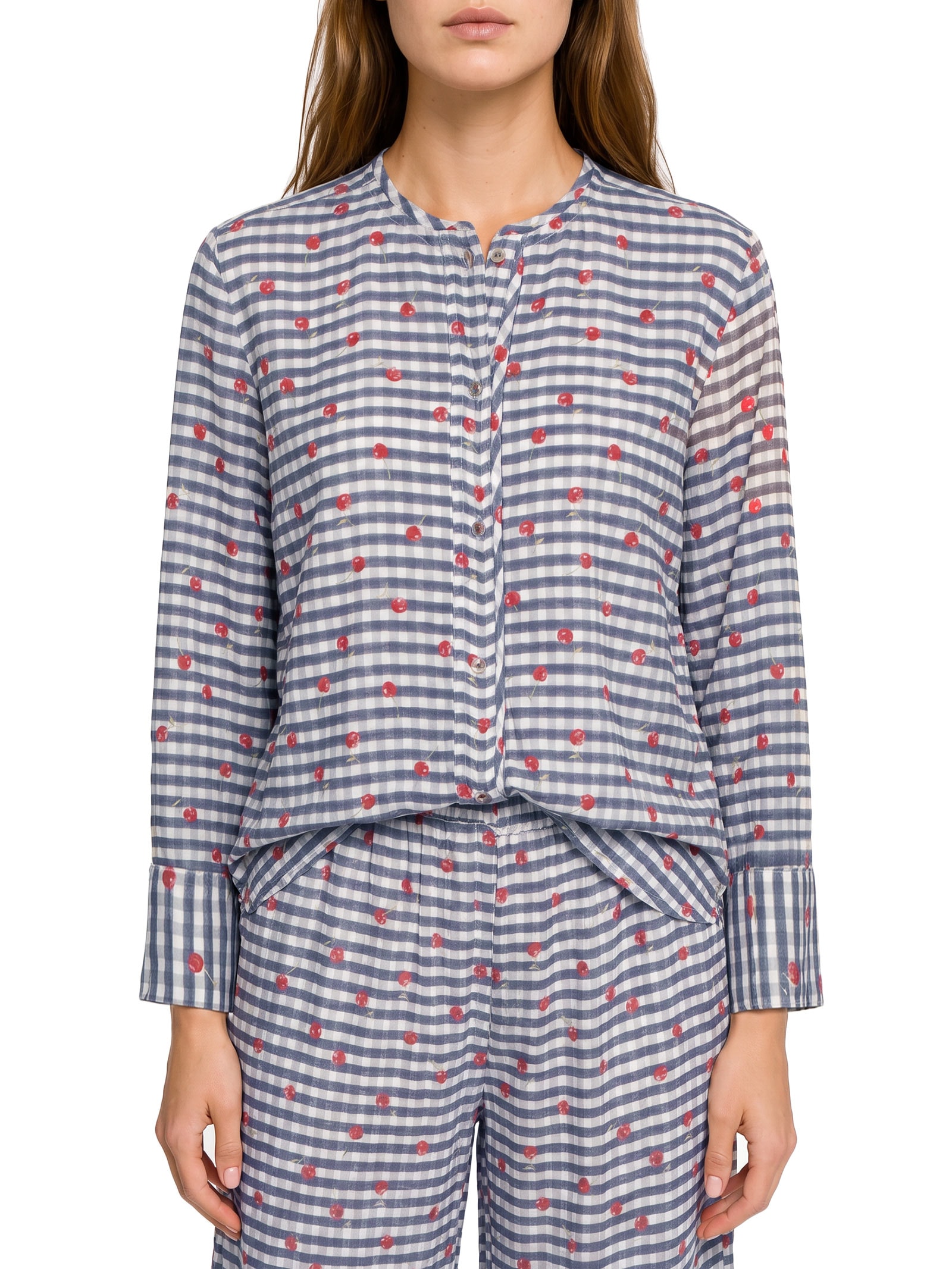 Camisa Feminina Estampada Cerejinhas Azul Cantão