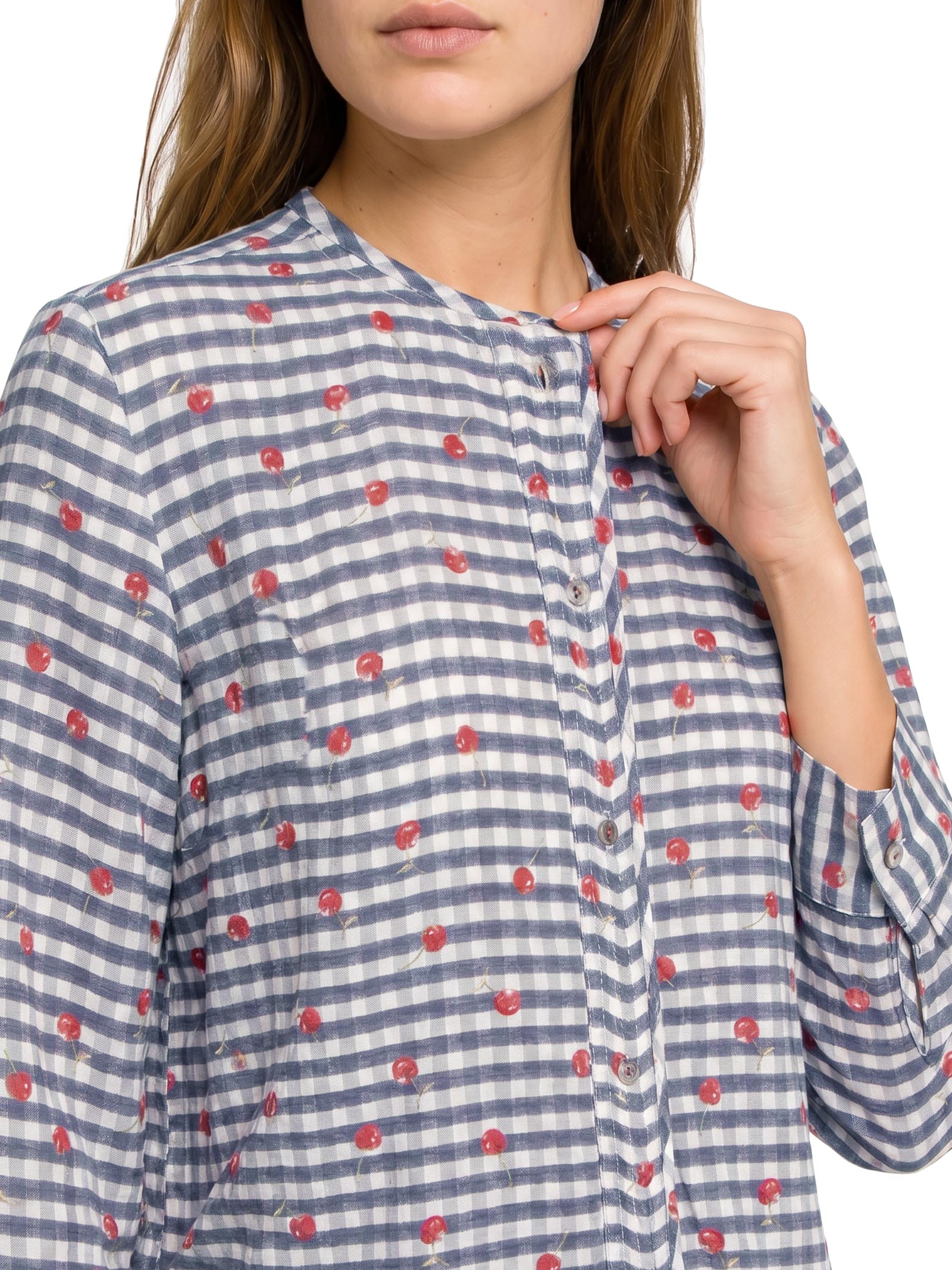 Camisa Feminina Estampada Cerejinhas Azul Cantão