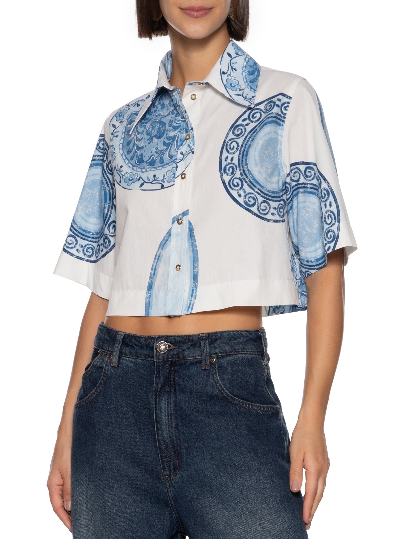 Camisa Feminina Estampada Manga Curta Branco Lança Perfume