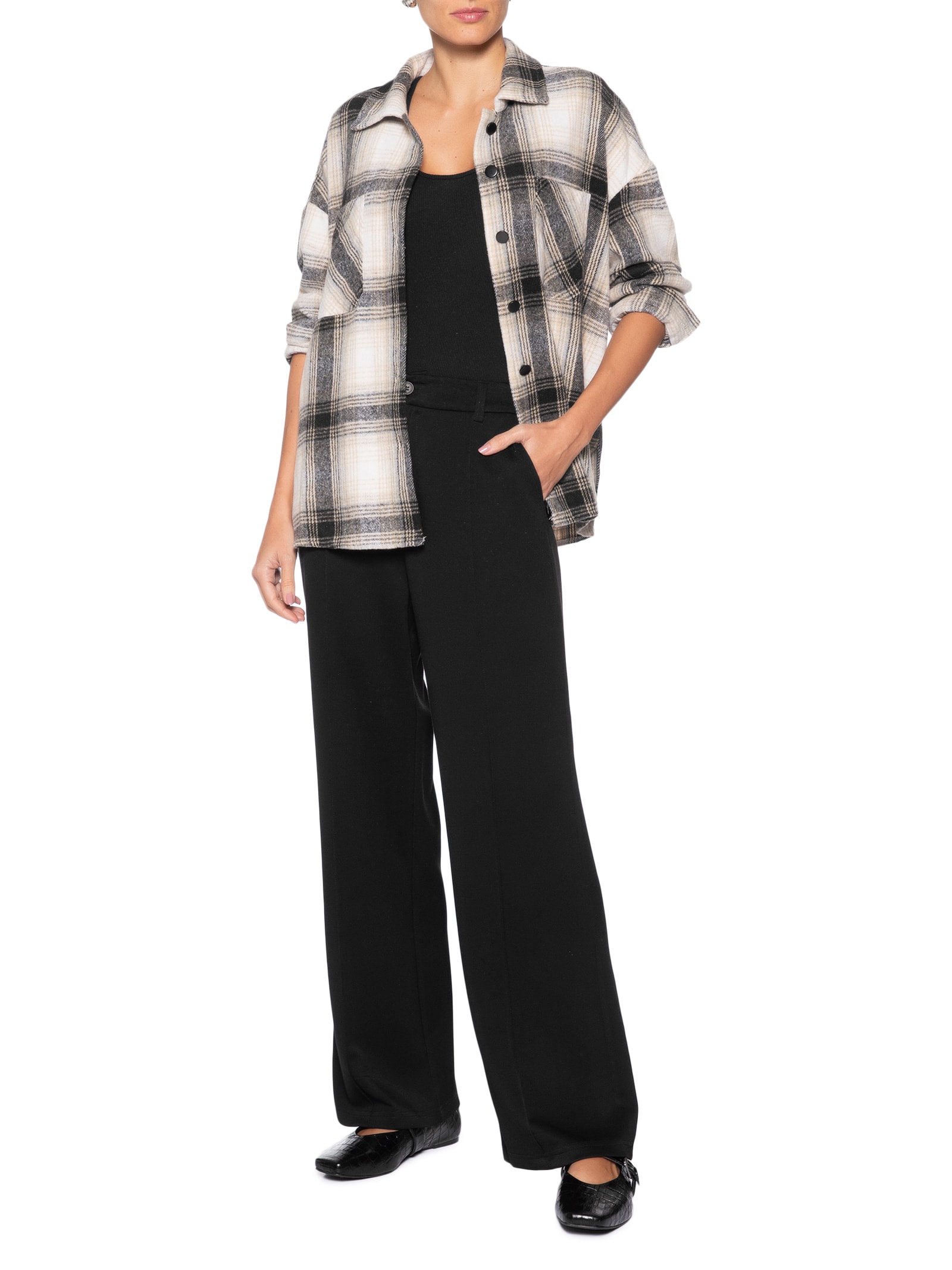 Camisa Feminina Flanela Xadrez Cinza Basiq