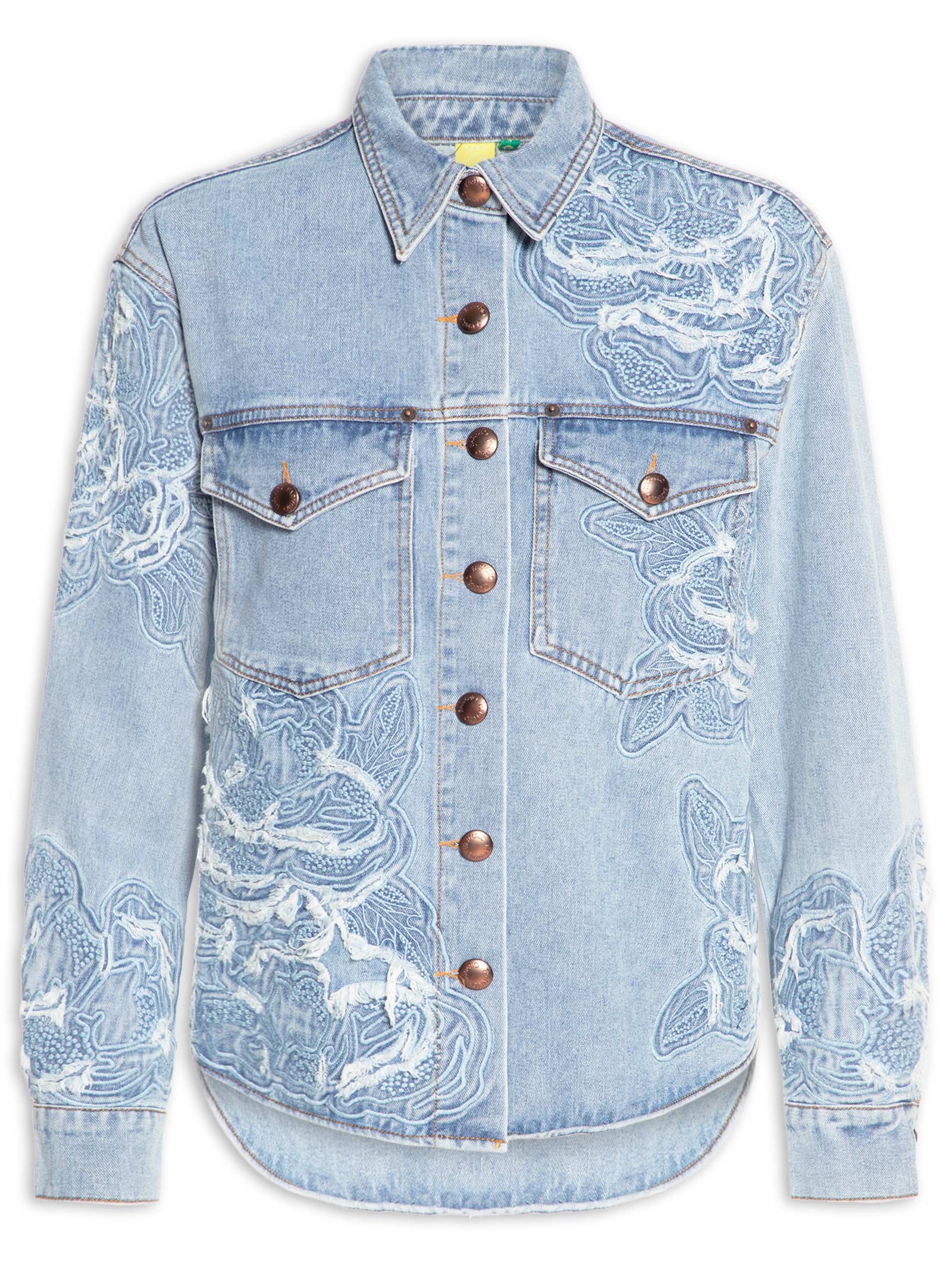 Camisa Feminina Jaqueta Jeans Bordado Flor Azul Farm